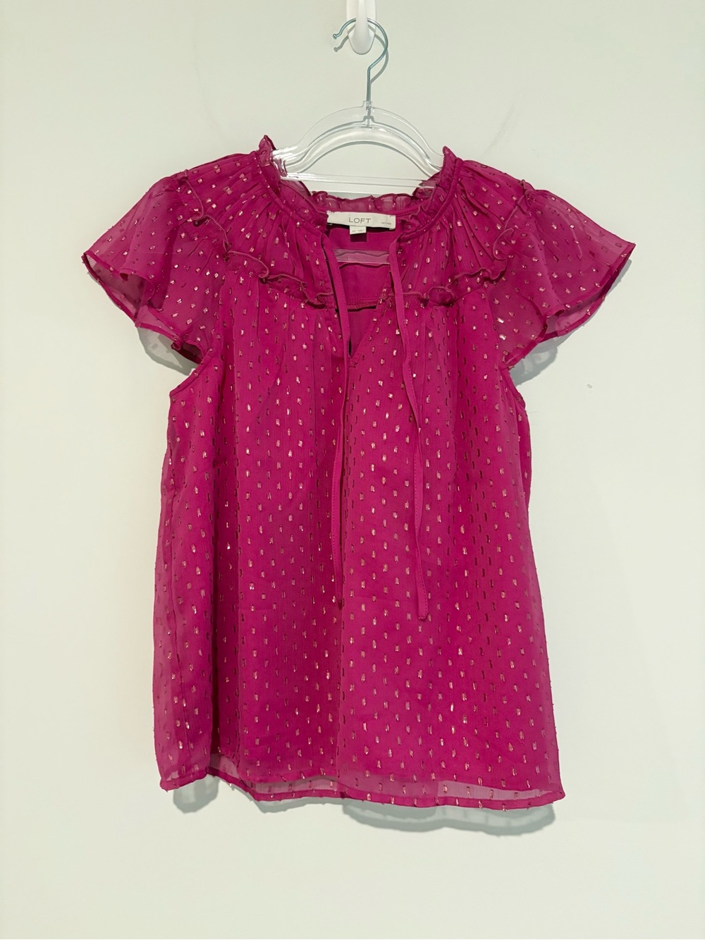 Loft metallic clip dot ruffle‎ peasant blouse pink gold size small petite